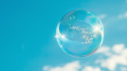 A lone, translucent soap bubble floating against a clear blue sky