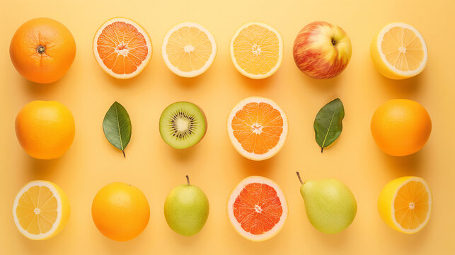 Citrus and Apple Assortment on Yellow Background