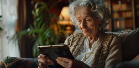 Old Woman Using Tablet Device at House