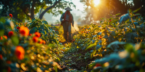 Farmer Spraying Organic Pesticides in Flower Garden. Worker in protective gear meticulously tends to vibrant blooms at sunset