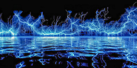 This photo captures a vivid blue background with multiple electrical lightning bolts crisscrossing and overlapping each other. The lines create a dynamic and striking visual effect - obrazy, fototapety, plakaty