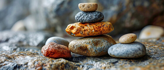 Fototapeta na wymiar A carefully balanced stack of varied stones, symbolizing stabili