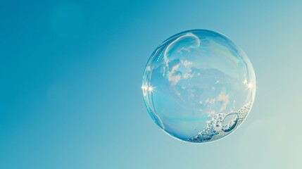 Soap bubble floating in the blue sky with clouds. Abstract background