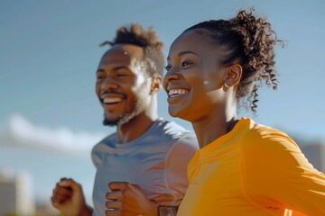 Portrait of happy fit people running together ourdoors. Couple sport healthy lifetsyle concept,...