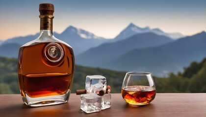 World cognac day having a glass and bottle of cognac and cigar and ice cubes in a boul behind them mountains