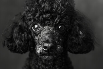 a black poodle acrylic painting captured in stunning  resolution. this grayscale portrait showcases photographically detailed features, with soft lighting adding depth and dimension