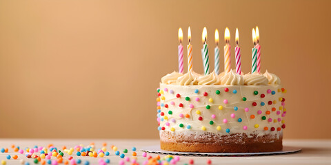 
 Happy Birthday background with cake. Illustration Birthday cake with candles and confetti on blurred dark background itch bokeh.