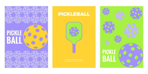Set of Pickleball sports poster design templates, coupons for sale, advertising. Modern minimalistic style. Suitable for sport team, club, banner, cover or postcard