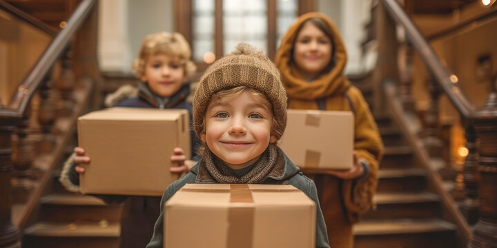 In this photo, a couple of kids are standing next to several boxes. They appear to be engaged in exploring or playing around the boxes.