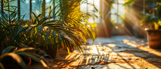 Escape to a tropical oasis with this enchanting scene of palm le - obrazy, fototapety, plakaty