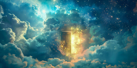 This image captures a surreal scene of a doorway floating amidst fluffy clouds in the sky, creating a mysterious and enchanting sight - obrazy, fototapety, plakaty