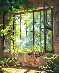 Abandon WIndow Building with Butterflies Flying Around and Plants