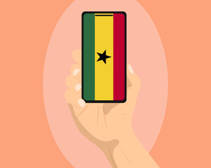 Ghana flag on mobile phone screen, holding smartphone, advertising social media or banner concept
