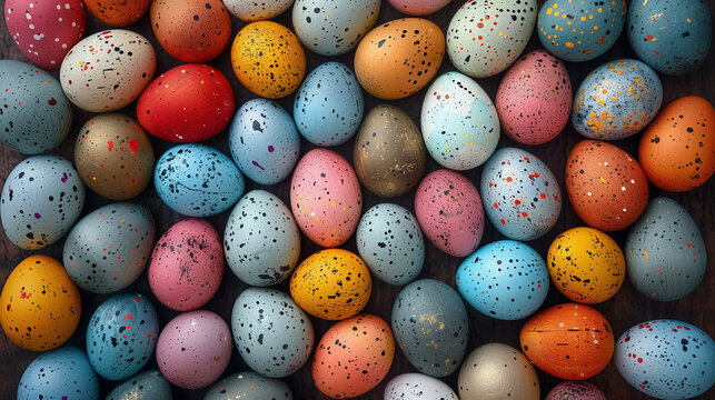 Multicolored Easter eggs. Easter background, banner, greetings card. Row of colorfully painted Easter eggs on blue wooden background.  Ai generated image