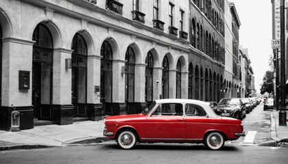 A classic red car stands out in a monochromatic urban landscape, its vibrant color highlighting its unique vintage charm against the muted city backdrop