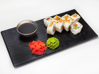 Sushi rolls with shrimp and fried onions. Lunch. Japanese food.