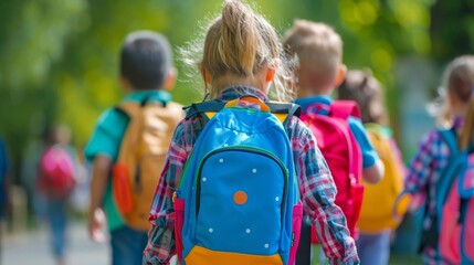 Cheerful child embarks on school adventure: back view of kid with vibrant backpack entering...