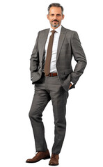 A formally dressed man is standing upright with his hands casually placed in the pockets of his suit
