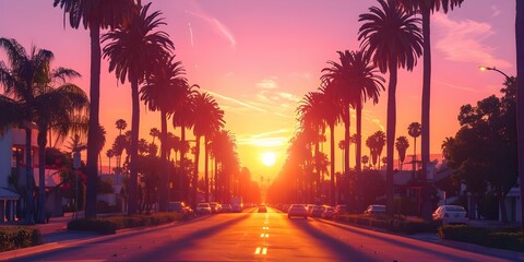 Golden Hour in Los Angeles: Palm Trees and City Lights at Sunset. Concept Photography, Golden Hour, Sunset, Los Angeles, Palm Trees, City Lights - obrazy, fototapety, plakaty
