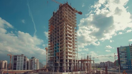 large building under construction with tower and scaffolding in day - obrazy, fototapety, plakaty