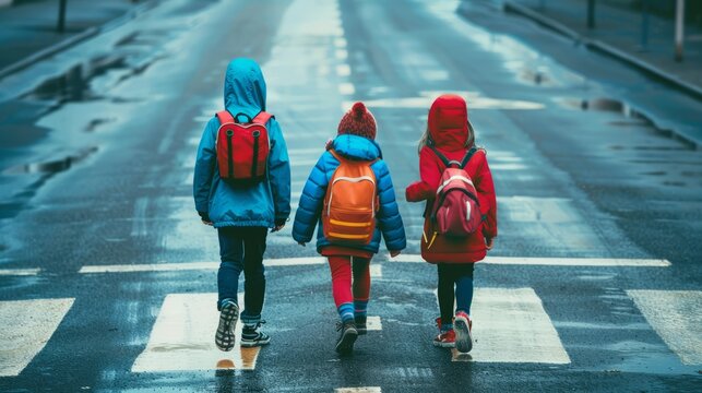 Three Schoolchildren Safely Crossing Road at Pedestrian Crossing on Their Way to School