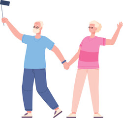 Smiling old man and woman make selfie together