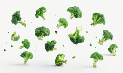 sliced broccoli floating in the air on the white background.