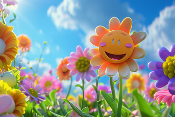 Fototapeta na wymiar animated smiling flowers basking under a clear sky