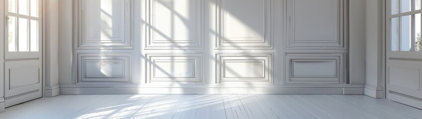 a bright, white room with a window in a 3D render