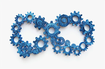 an infinity symbol composed of interconnected blue gears and cogs on a white background