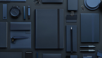 collection of stationery items, all in matching dark blue tones