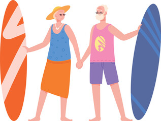 Happy old man and woman with surfing boards. Seniors together
