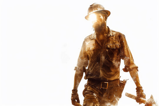 A man in a miner's outfit on a white background. He's holding a pickaxe, ready to delve into the earth