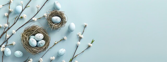 Easter banner with a bird nest and blue eggs on a pastel background, flat lay, copy space - obrazy, fototapety, plakaty