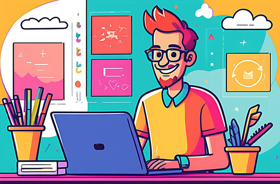 IT guy a man works on a computer. freelancing watercolor