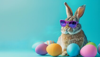 Fototapeta na wymiar A cool Easter bunny wearing purple sunglasses sitting behind colorful eggs on a blue background.