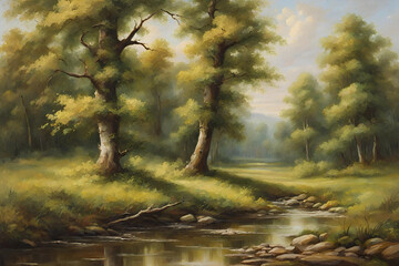 Fototapeta na wymiar Scenic oil painting of forest in countryside