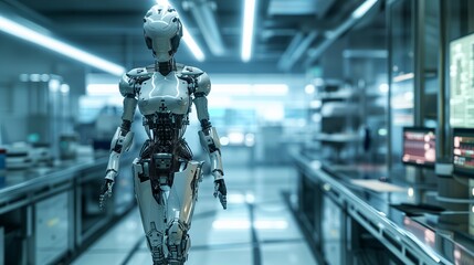An advanced humanoid robot stands poised in a high-tech laboratory setting, epitomizing the fusion of artificial intelligence and robotics