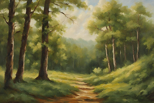 Scenic oil painting of forest in countryside