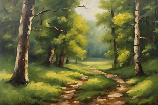 Scenic oil painting of forest in countryside