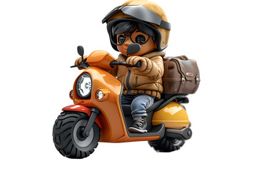 An adorable 3D cartoon style render of a cartoon character riding a tiny 3-wheeler scooter.