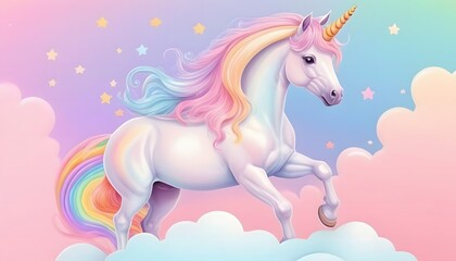 Obraz na płótnie Canvas Rainbow background with winged unicorn silhouette with stars. Pastel color sky. Magical landscape, abstract fabulous pattern. Cute candy wallpaper