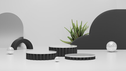 3D render blank space sage black and silver cylinder podium