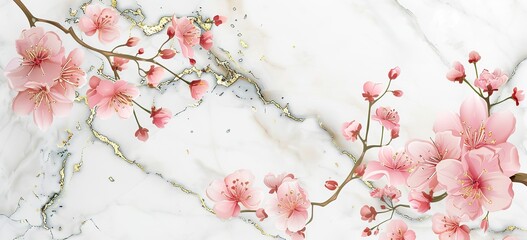 A pink and white marble background with delicate cherry blossoms, accented in the style of golden cracks for an elegant touch.