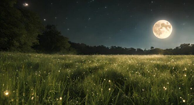 Describe the serenity of a meadow bathed in the soft glow of a full moon, with dew-kissed grass shimmering in the moonlight and fireflies dancing in the cool night air
