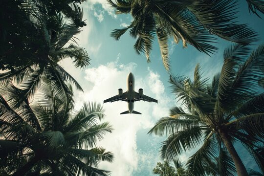 Fototapeta Airborne Airplane over tropical palm. Summer paradise. Generate Ai