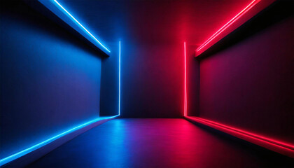 Neon red and blue light illuminating a black room.