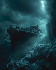 Subterranean Explorer, Aquatic Vehicle, Mysterious Ruins, Uncovering Ancient Secrets, Stormy Seas, Photography, Backlights, Motion Blur