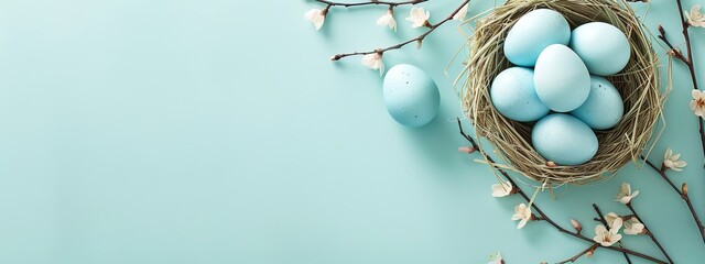 Happy Easter banner with nest and blue eggs on pastel background, in the style of copy space concept - obrazy, fototapety, plakaty