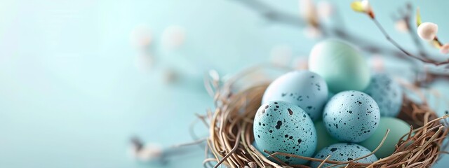 Happy Easter banner with nest and blue eggs on pastel background, in the style of copy space concept